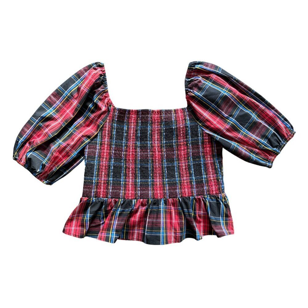 Draper James RSVP Plaid Smocked Peplum Top XL Red Tartan Holiday Party Christmas - Picture 3 of 5